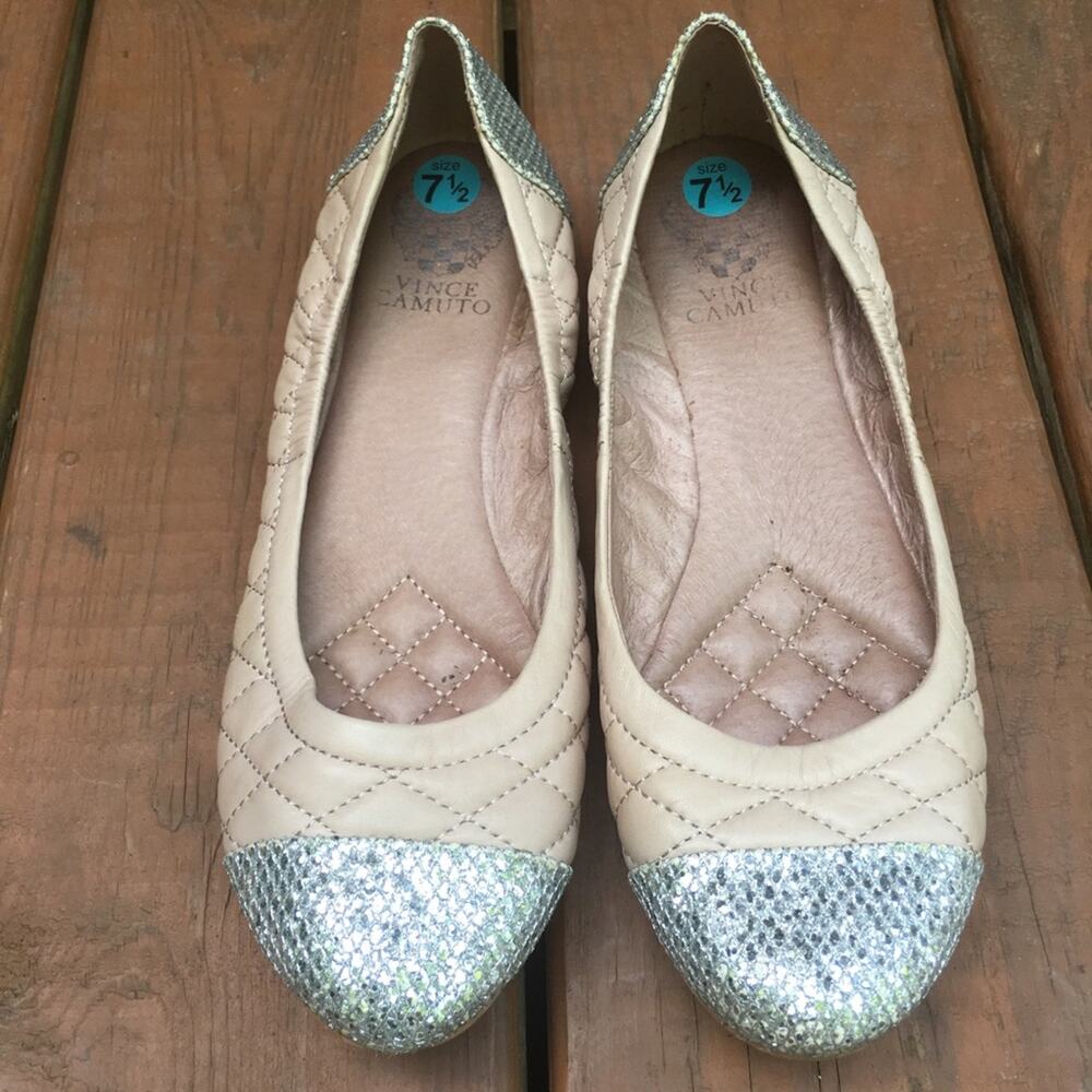 Vince Camuto Fawna Ballet Flats Shoes Slip On Tan Silver Sparkle 7.5